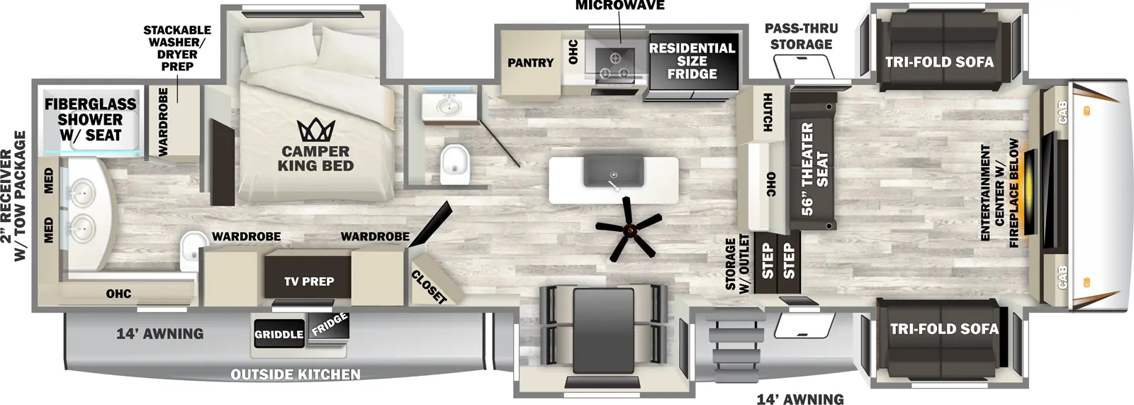 The Sabre 37FLH floorplan has one entry and five slide outs. Exterior features include: fiberglass exterior, 14' & 14' awning and outside kitchen. Interiors features include: kitchen island, free-standing dinette option, front living, rear bathroom and bathroom and a half.